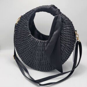 Boho Large Crescent Crosbody Woven Rattan  Handbag With Fabric Handle Wrap